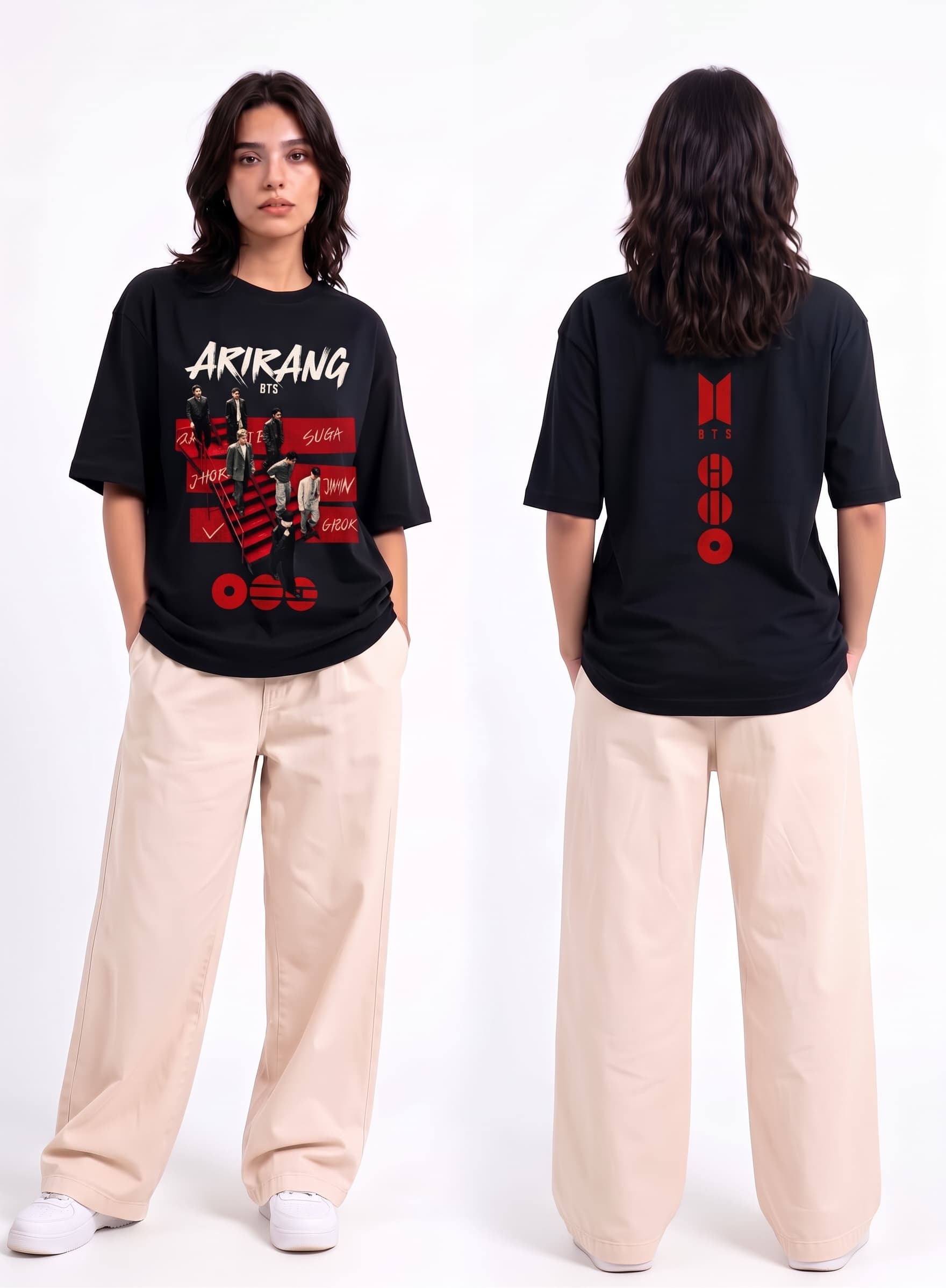 Arirang Crimson tee, front graphic and back BTS emblem print on model